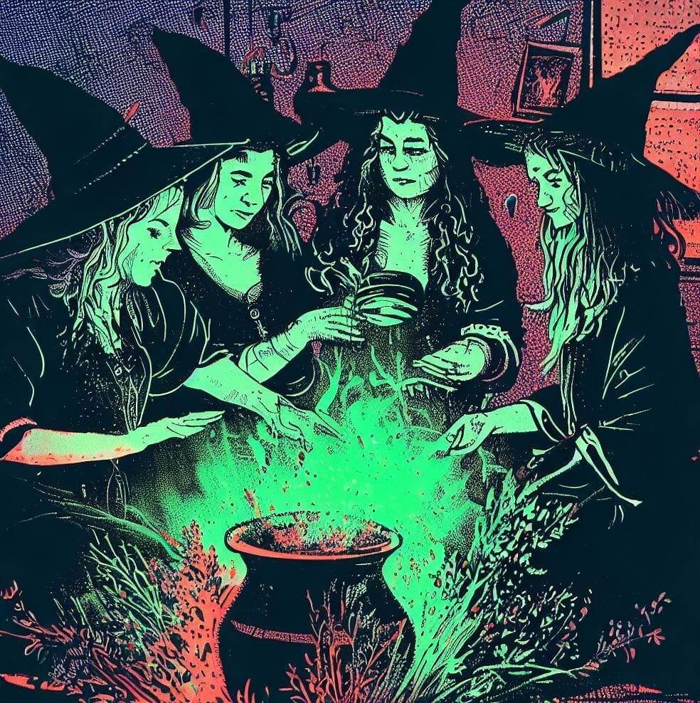 witches' casting spells with herbs