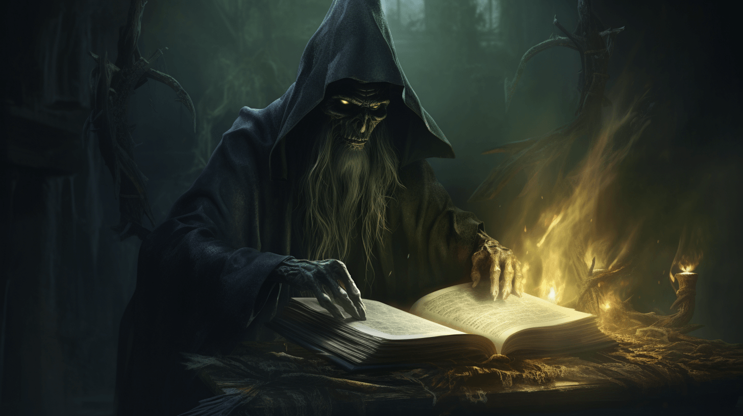 dark wizard reading from necronomicon