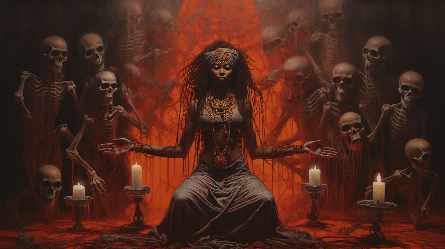 voodoo priestess summoning spirits, lithograph